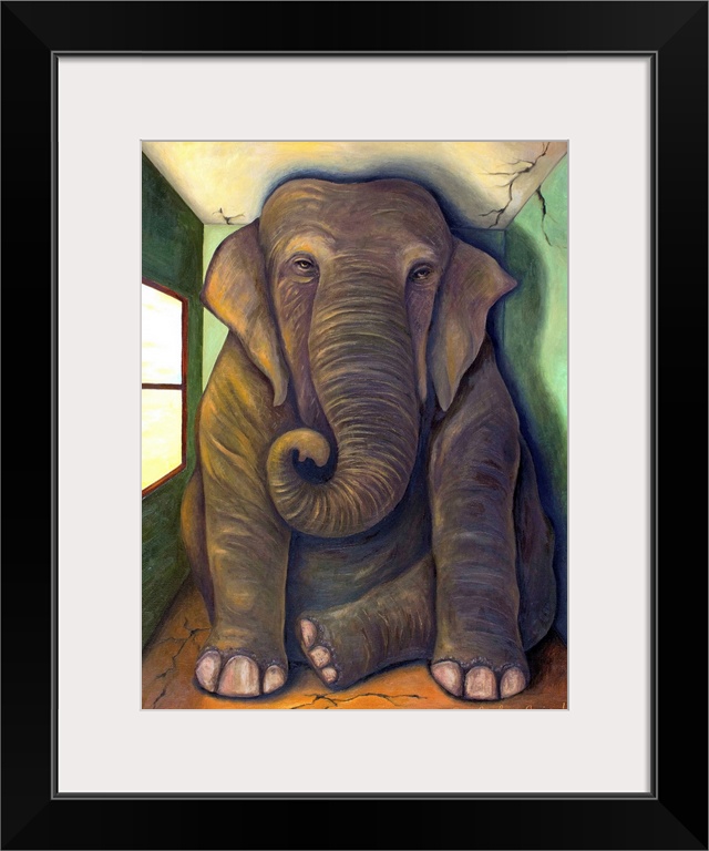 Surrealist painting of a large elephant sitting in tiny room.