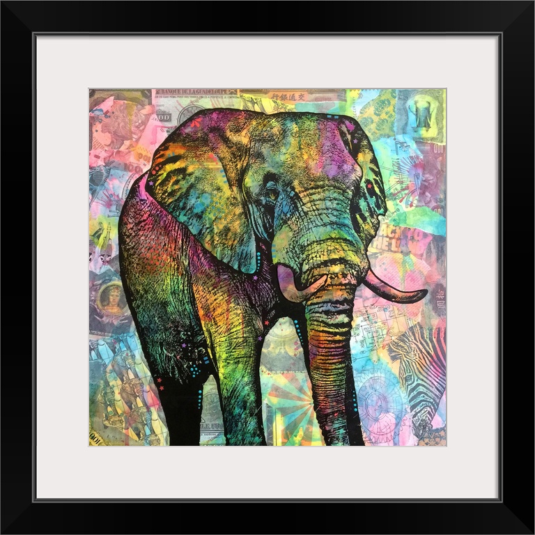 Square illustration of a colorful elephant on top of a collage of African image themed cut outs.