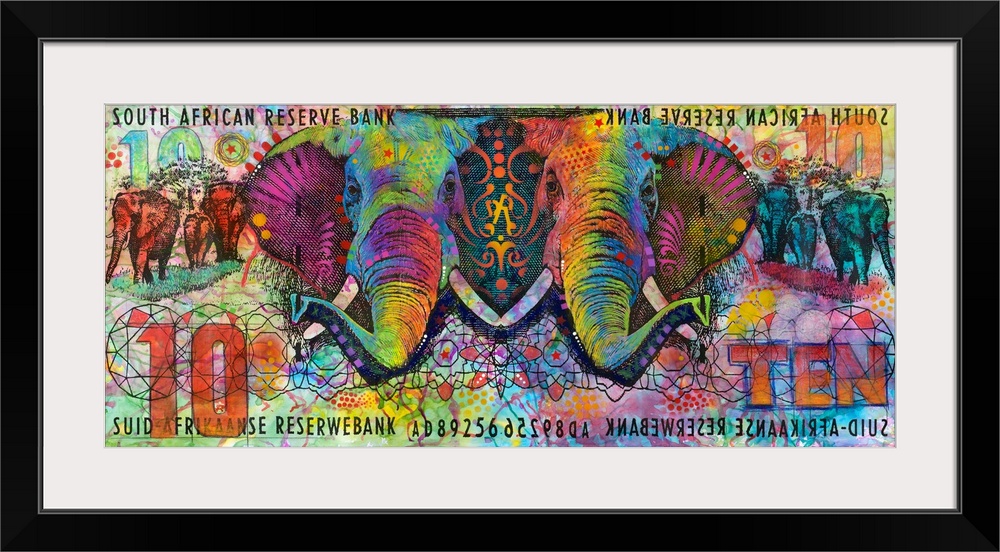 Colorful illustrations of elephants on a $10 bill marked "South African Reserve Bank" with abstract designs all over.