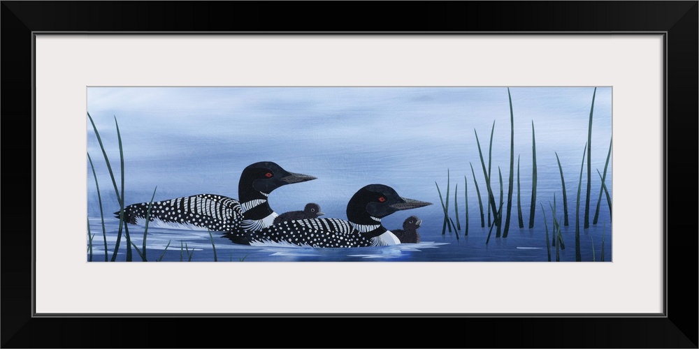 Painting of a loon family floating along in the water.