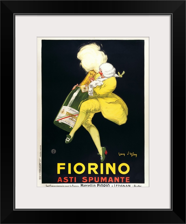 Vintage poster of a man as he hugs and dances with a life size bottle of wine.