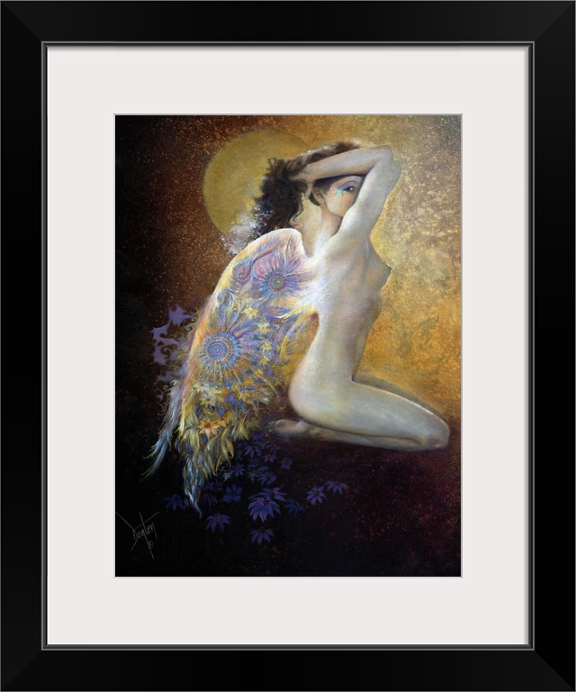 A contemporary painting of a fairy with brightly colored elaborate wings sitting and gazing at the viewer through the clos...