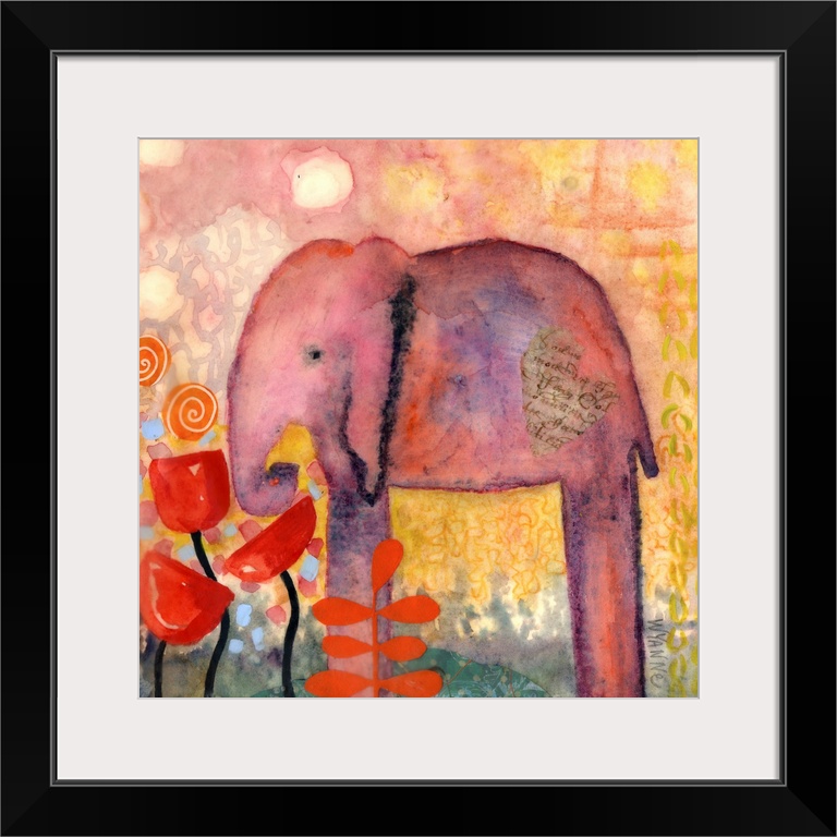 A pink elephant overlooking large red flowers.