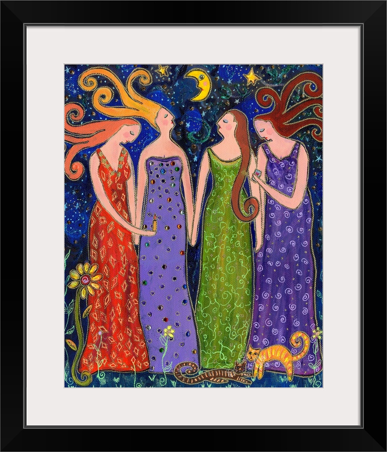 Four women in long dresses standing under the night sky.