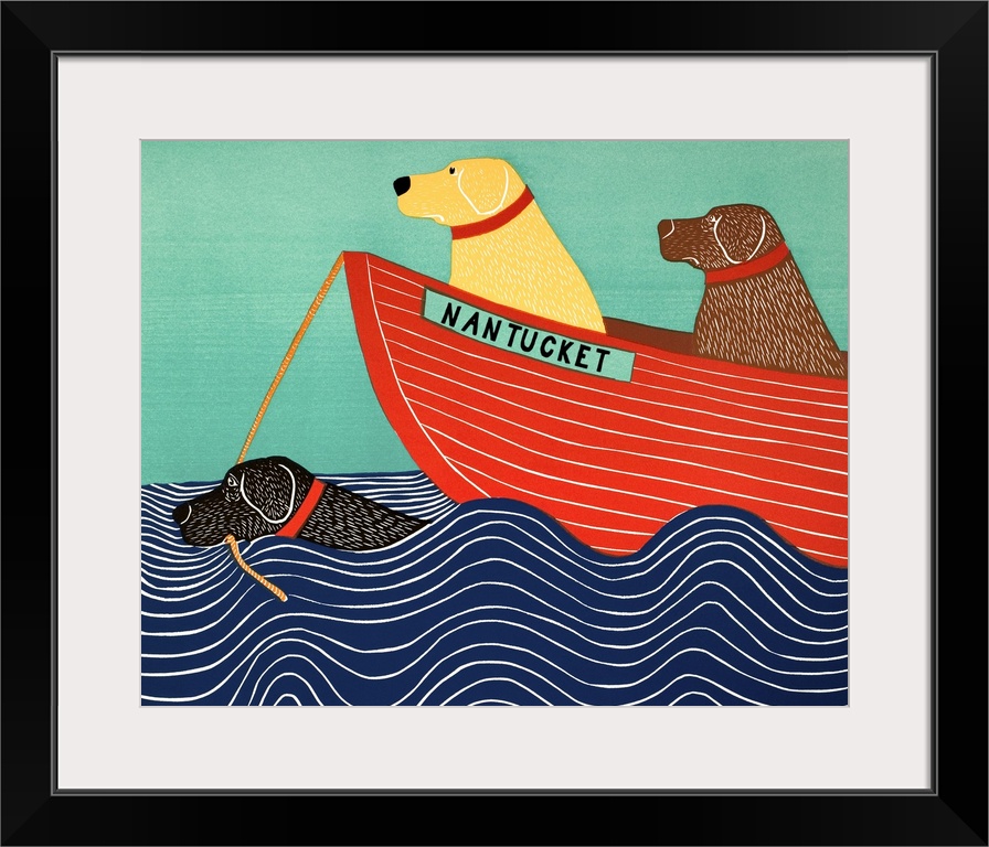 Illustration of a black lab in the ocean pulling a yellow and chocolate lab in a red boat titled "Nantucket"