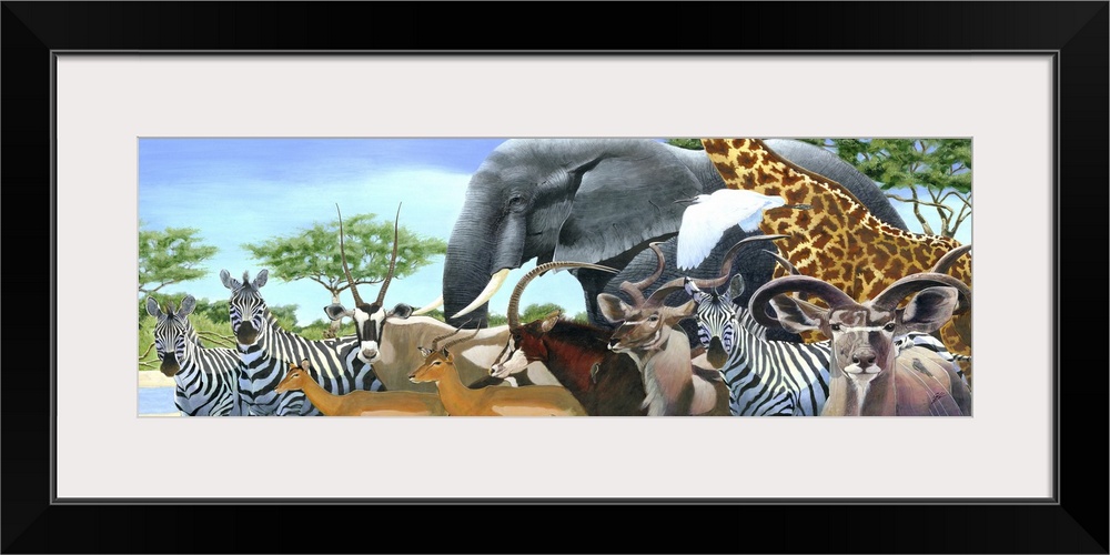 Contemporary painting of a gathering of African animals at a watering hole.