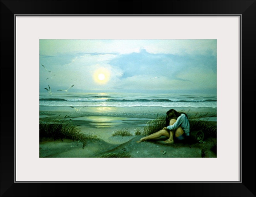 Contemporary painting of a young woman on the beach with a pail full of seashells at dusk.