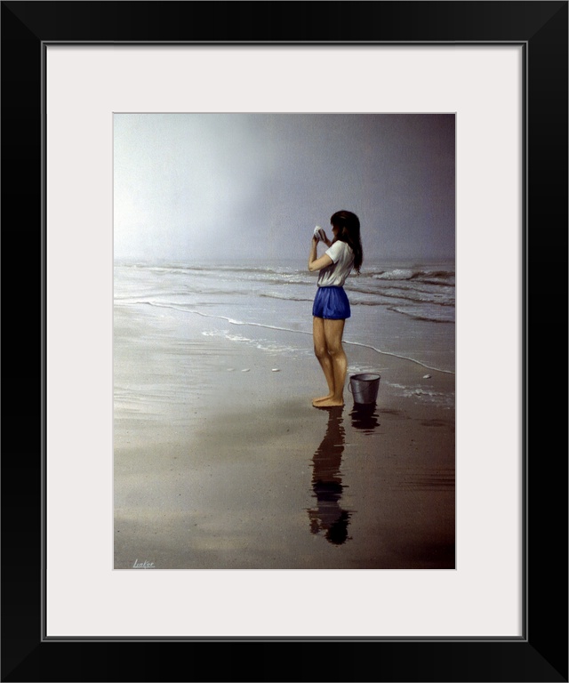 Contemporary painting of a young woman on the beach holding a seashell.