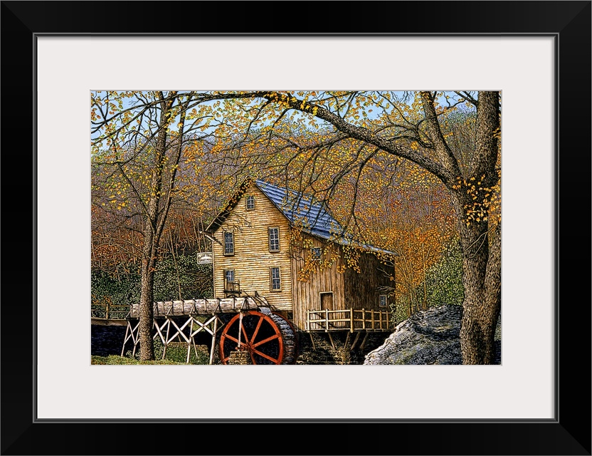 Contemporary painting of a watermill in an autumn landscape.