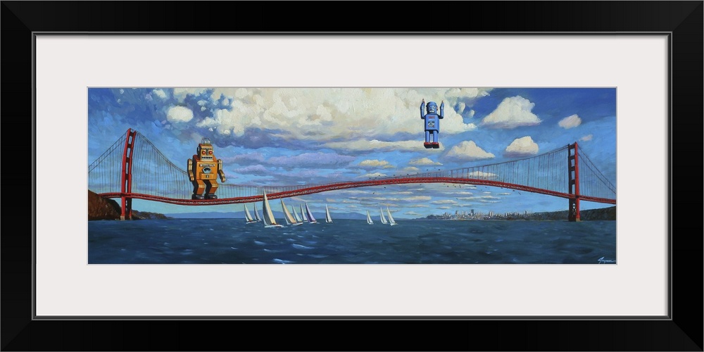 A contemporary painting of two retro toy robots using the Golden Gate Bridge to jump and bounce into the air.