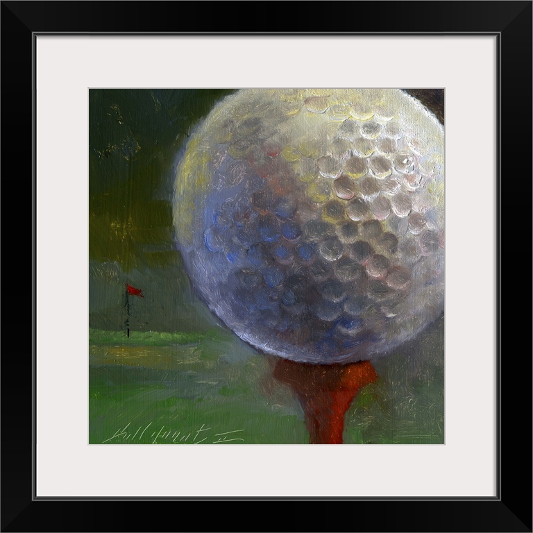 Contemporary still-life painting of a golf ball close-up, with a red flag marking the cup in the background.