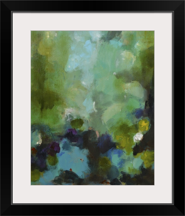 Aqua toned abstract painting, reminiscent of a pond or garden.