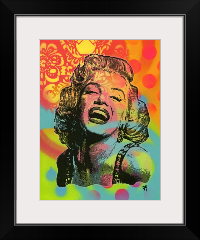 Pop art style illustration of Marilyn Monroe with a playful and vibrant spray painted background.