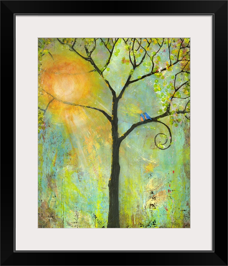 Lighthearted contemporary painting of a tree with bare branches.