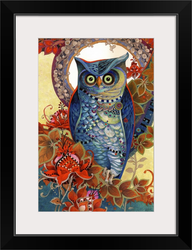 Contemporary artwork of an owl gazing intently, surrounded by flowers.