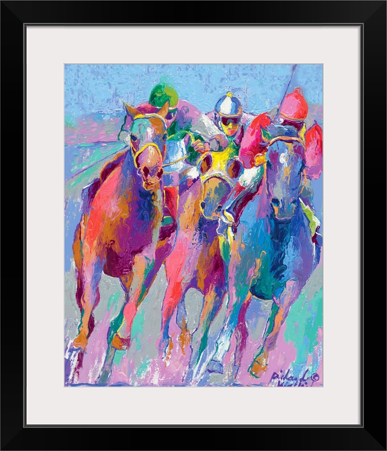 Colorful painting of jockeys racing horses.