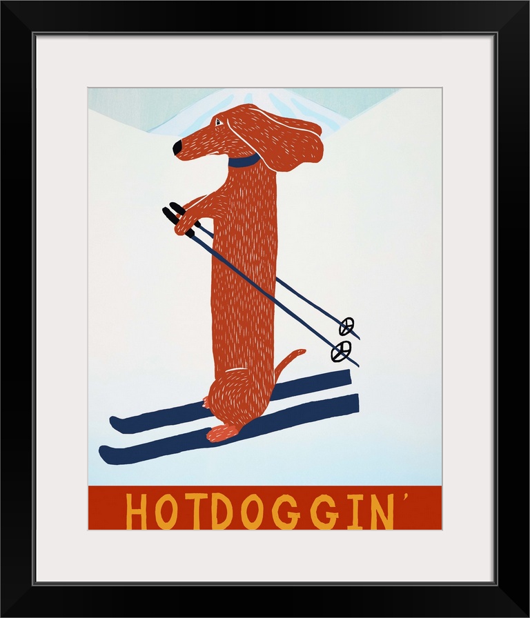 Illustration of a dachshund skiing down the slopes with the phrase "Hotdoggin'" written at the bottom.