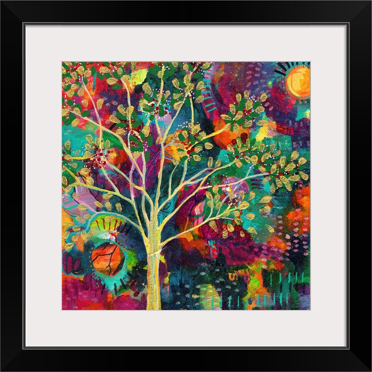 Abstract painting of a golden tree on a busy, colorful, square background with a sun on each side.