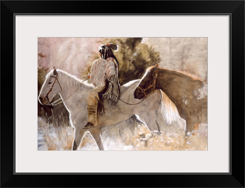 Contemporary western theme painting of a native American man on horseback.