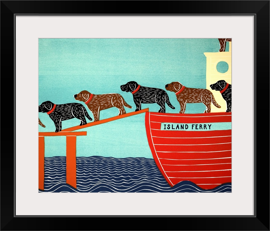 Illustration of a pattern of black and chocolate labs walking off of a ferry named the "Island Ferry"