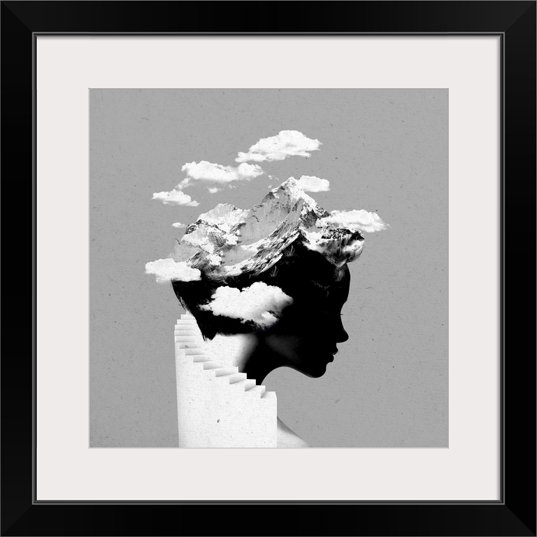 Contemporary artwork of a composite image a silhouetted female portrait with a staircase around the back of her head and a...