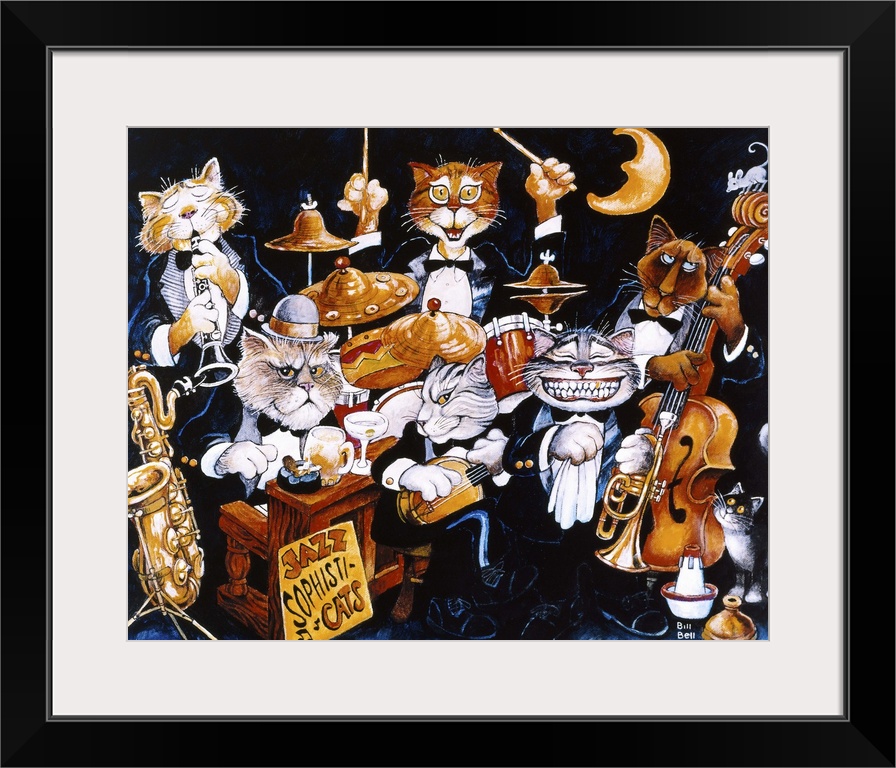 A group of various cats playing instruments in a jazz band.