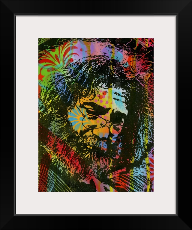 Busy illustration of Jerry Garcia with a colorful graffiti style overlay.