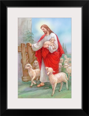 Jesus in a red robe with a flock of sheep