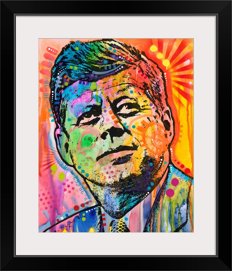 Pop art style painting of John F. Kennedy with different colors and abstract designs all over.