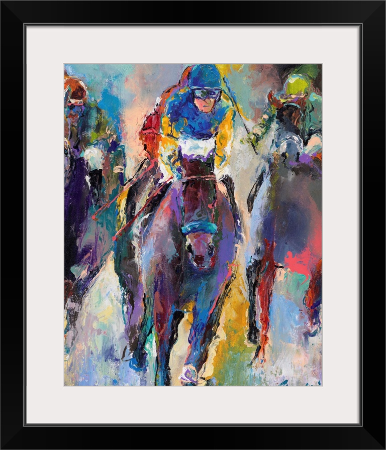 Colorful abstract painting of jockeys on horseback.
