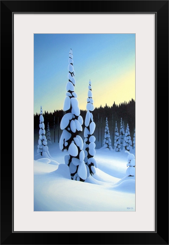 Painting of tall trees with branches weighed down by heavy snow in winter.