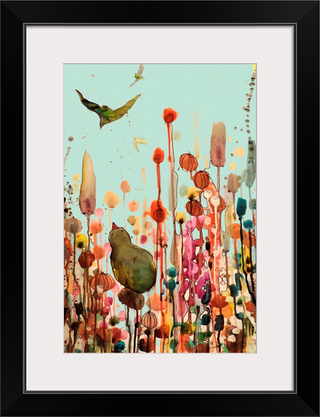 Contemporary painting of a bird against a colorful background.