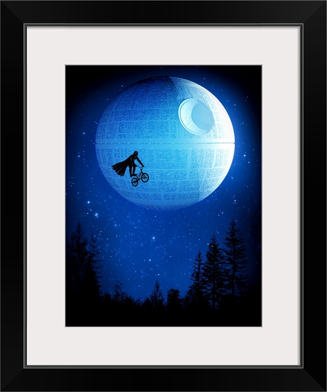 Pop art of Darth Vader on a bicycle in the sky in front of the Death Star.