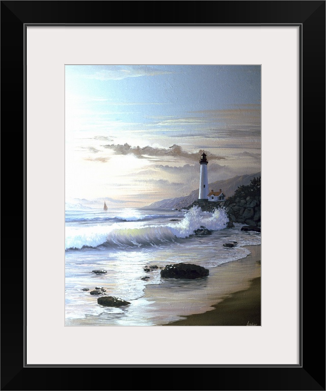 Contemporary painting of waves crashing on the coastline at twilight, with a lighthouse in the distance.