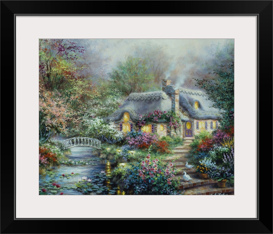 Painting of a thatched cottage next to a stream. Product is a painting reproduction only, and does not contain actual lights.