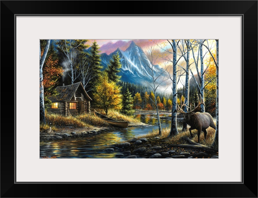 Contemporary landscape painting of a cabin next to a river in the woods with an elk walking by.