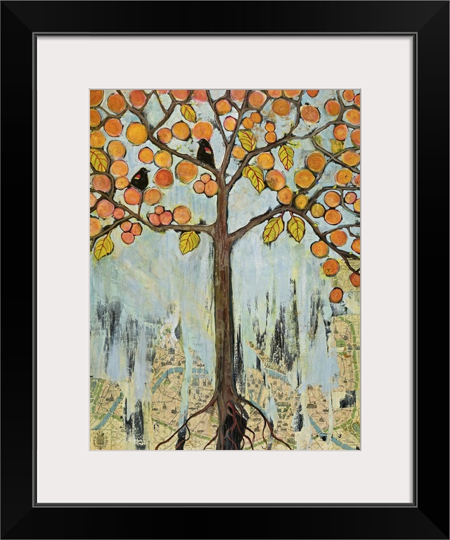 Lighthearted contemporary painting of a tree with birds perched on the on the branches.