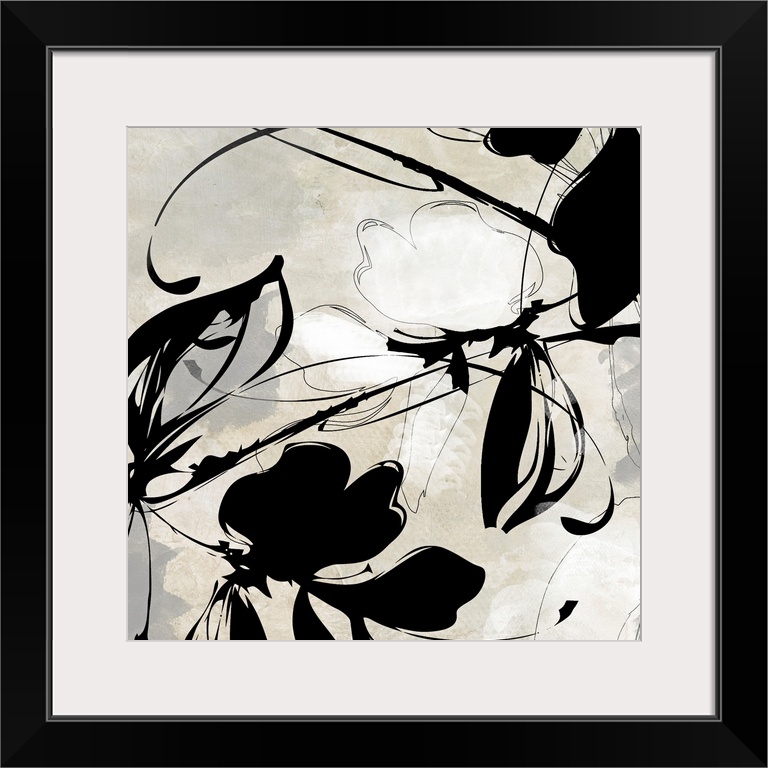 Oversized, square wall art in black and white of a flower and ink design  on a light background.