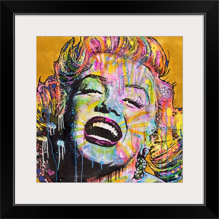 Square illustration of Marilyn Monroe laughing and full of color with paint drips running down to the bottom on a gold bac...