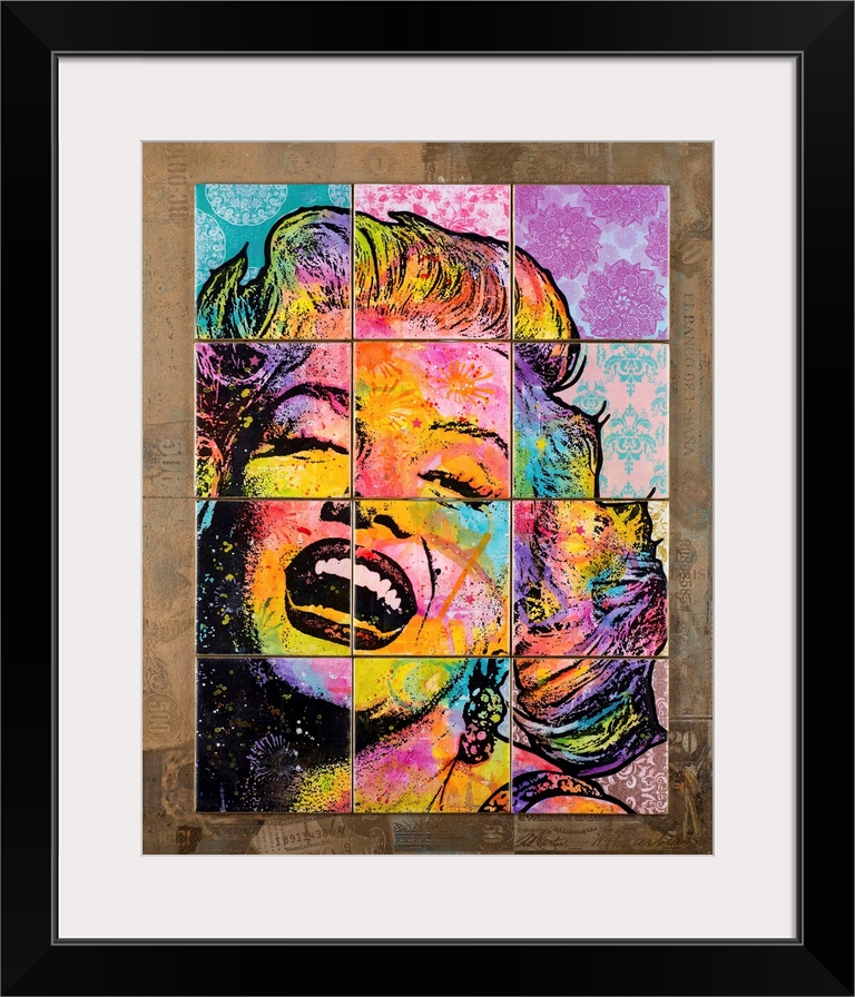 12 colorful tiles placed together to create Marilyn Monroe's face on top of a brown background with faded money illustrati...