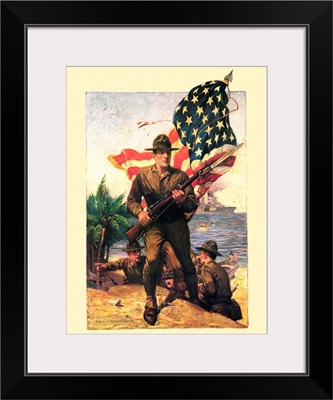 Marines with American Flag - Vintage Marines Poster