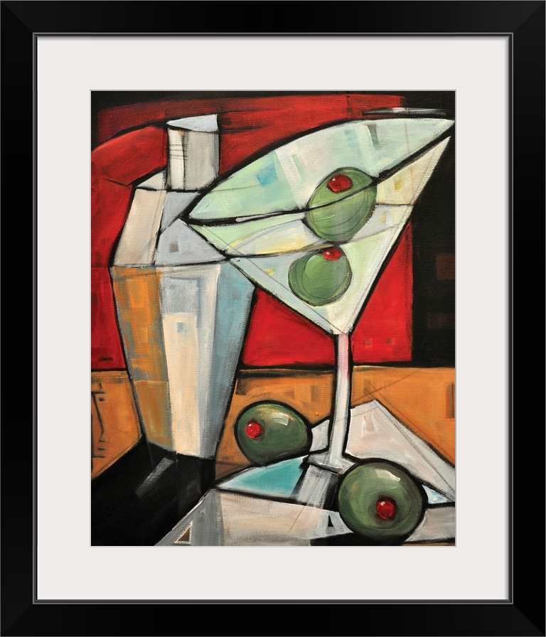 Large, portrait, contemporary painting of a martini in a glass with two olives in it and two olives sitting at the base of...