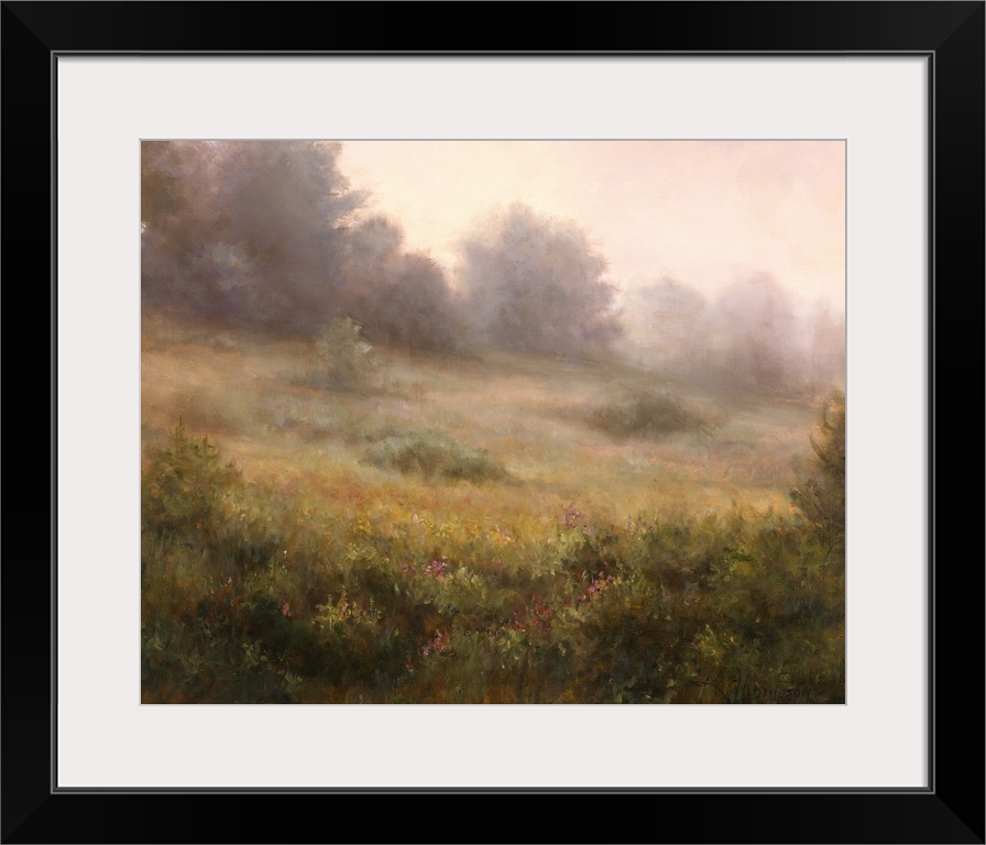 Contemporary painting of an idyllic countryside shrouded in a light haze.