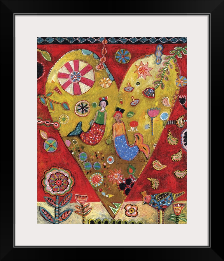 Lighthearted contemporary painting of a heart with a collage of mermaids and shapes and flowers inside.