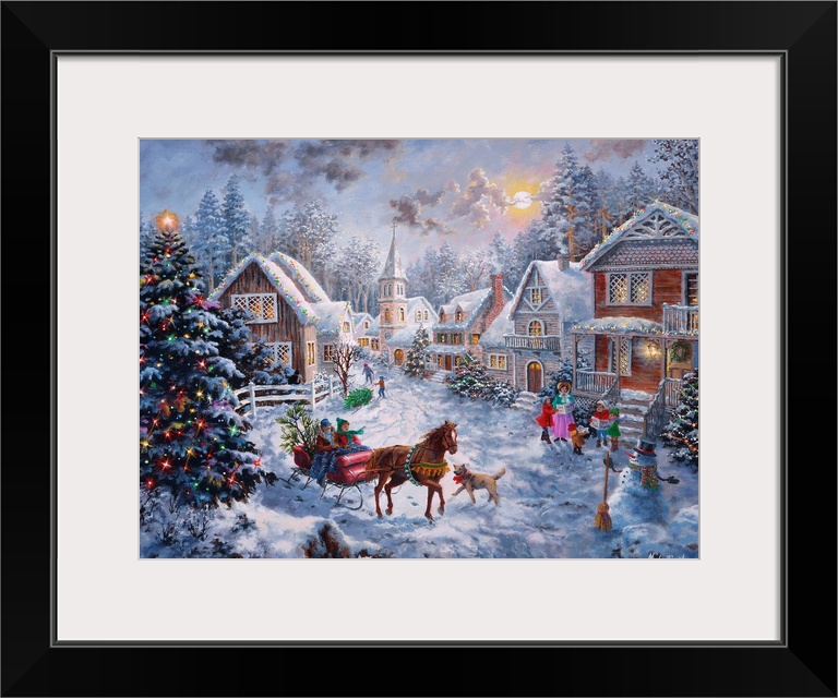 Painting of village scene featuring a large Christmas tree. Product is a painting reproduction only, and does not contain ...