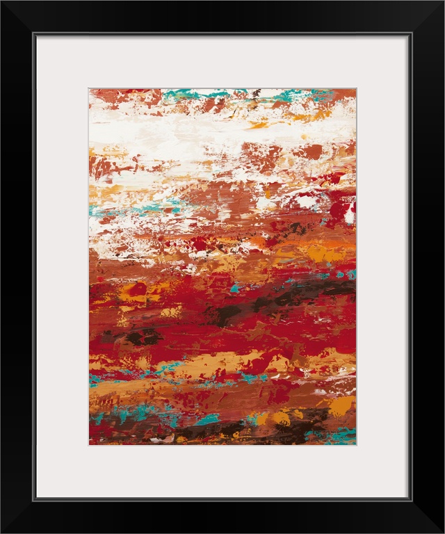 A contemporary abstract painting using wild vibrant colors and weathered and worn textures.