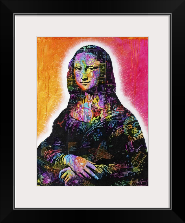 Pop art style portrait of Mona Lisa covered in rainbow colored blueprint illustrations on an orange, yellow, and pink back...