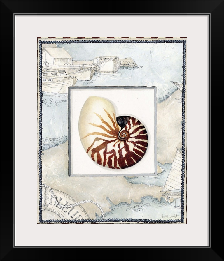snail shell with harbor and boats border