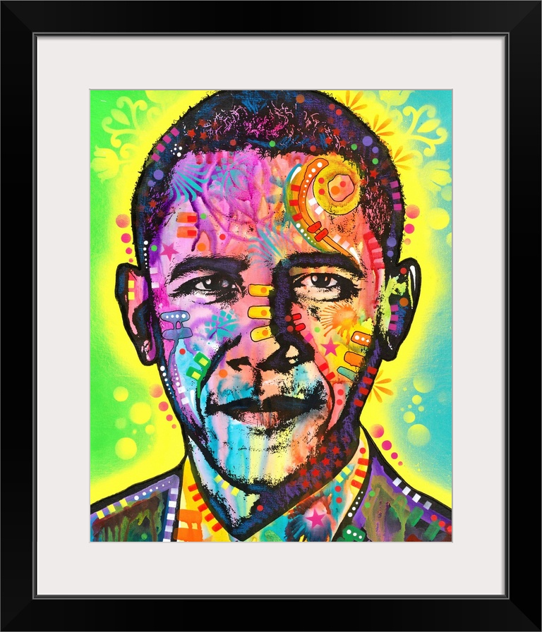 Pop art style painting of Barack Obama with different colors and abstract designs all over.