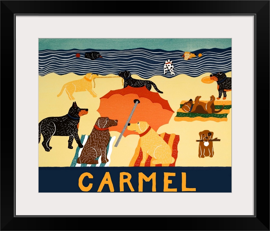 Illustration of multiple breeds of dogs having a beach day with "Carmel" written on the bottom.